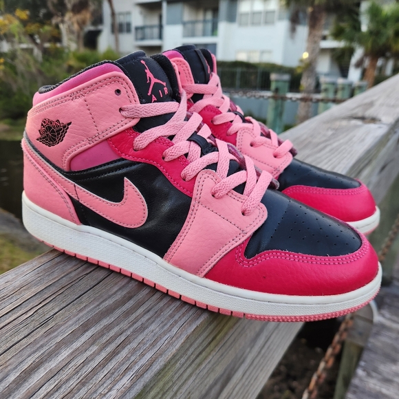 Nike Other - Nike Air Jordan 1 Mid GS Girls Leather Sneakers Pink Black Size Youth 7/Womens 8